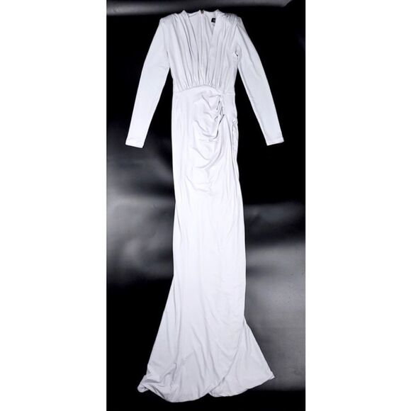 NOOKIE Farrah Long Sleeve Ruched Padded Shoulder Gown Womens Small in White - Picture 1 of 9